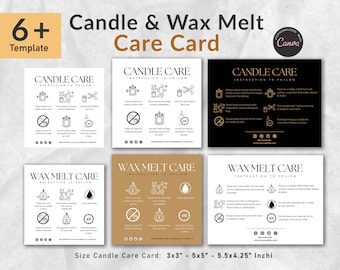 May include: Six printable candle and wax melt care cards with black and white icons and instructions. The cards have a gold and white color scheme and are available in three sizes: 3x3 inches, 5x5 inches, and 5.5x4.25 inches.