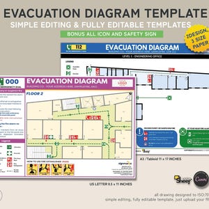 Puede incluir: Una plantilla de diagrama de evacuación imprimible con un plano de planta, señales de seguridad e instrucciones de uso. La plantilla está diseñada para ser totalmente editable e incluye un conjunto de iconos y señales de seguridad adicionales. La plantilla está disponible en dos diseños y tres tamaños de papel.