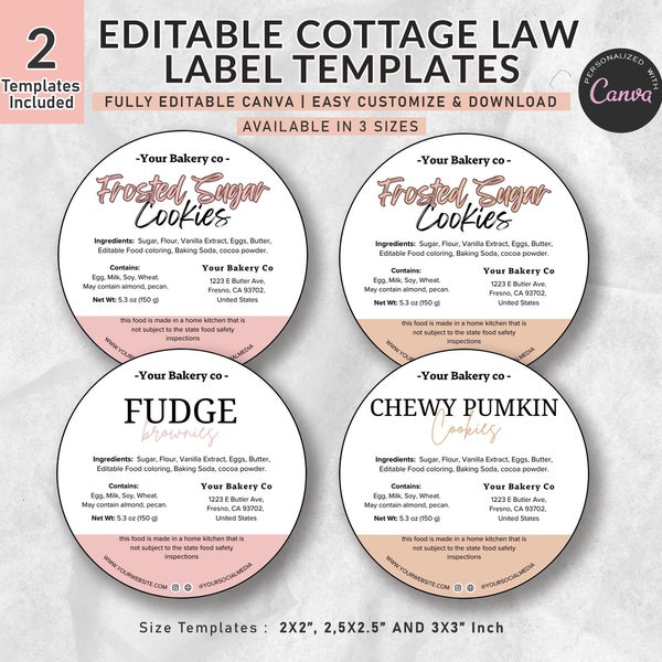 Editable Cottage Law Label Template, Food Label Sticker, Cottage Food label, Ingredients label Template, Canva Bakery Food Labels, Allergens