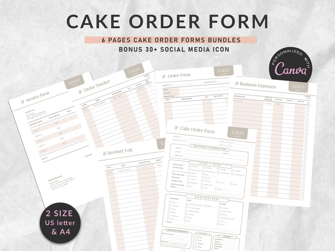 Cake Order Form Template, Bakery Order Tracker, Cake Pricelist, Cake ...