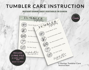 Tumbler Care Instructions, Cup Mug Care Card, Washing Instructions Card, Ready to Print label tags, Printable Customer Reminder, DIY product