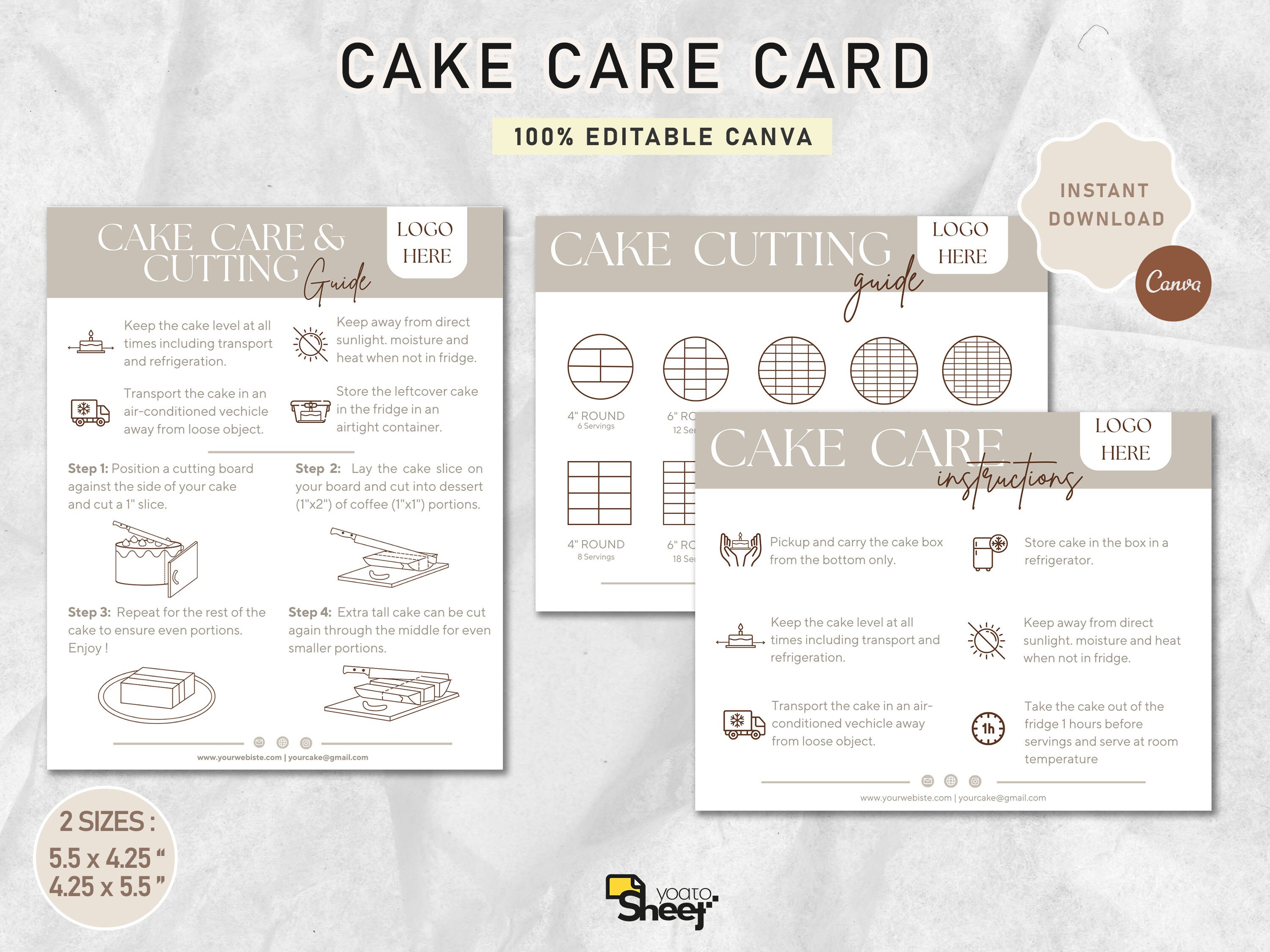 Cake Care Card, Cake Instructions, Cake Cutting Guide, Cake Order Form