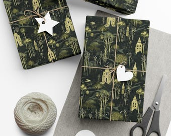 May include: Three gift boxes wrapped in dark green and gold wrapping paper with a repeating pattern of trees, houses, and stars. The boxes are tied with twine and decorated with white star and heart-shaped tags.