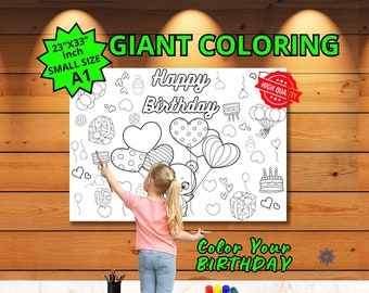 Coloriage joyeux anniversaire, affiche géante à colorier, ours à colorier, construction à colorier pour fête d'anniversaire, taille A1 23 x 33 po.