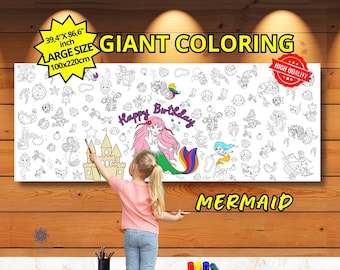 Mermaid Coloring, Giant Coloring Poster, Mermaid Coloring Page, Construction Birthday Party Coloring, Ocean Coloring, Size 86,6"x39,4" inch