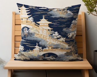 Japanese Decorative Pillow Covers, Indigo Blue Vintage Chinoiserie, Asian Oriental Throw Pillows, Japanese Dynasty Decor Cushion Covers