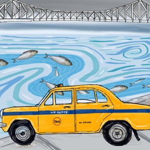 PRINTABLE Digital Art Cityscape Art Print, Kolkata Fish Taxi Cab Howrah Bridge Ilish Bengal Bengali, Wall Art Digital Download