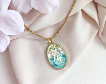 Necklace*Elsie*/gold stainless steel chain/alloy enamel swan medallion pendant/vintage retro romantic princess style/jewelry gift