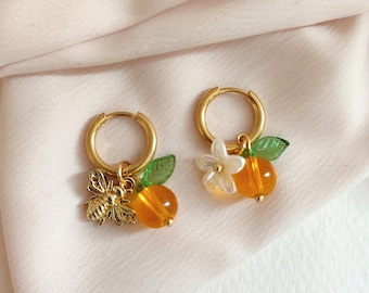 *Judy* earrings/golden stainless steel hoops/orange pearl fruit pendant/cute earrings/fruit/bee/flower/summer
