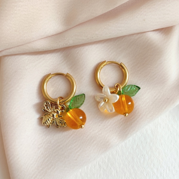 Boucles d'oreilles fruits/créoles dorées acier inoxydable/ pendentif fruit perle orange/fleurs/feuilles/bijou romantique/cadeau pour elle