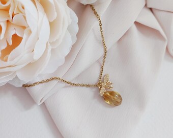 Anna necklace/fine gold stainless steel chain/yellow citrine semi-precious stone pendant/gold bee gold plate/lithotherapy