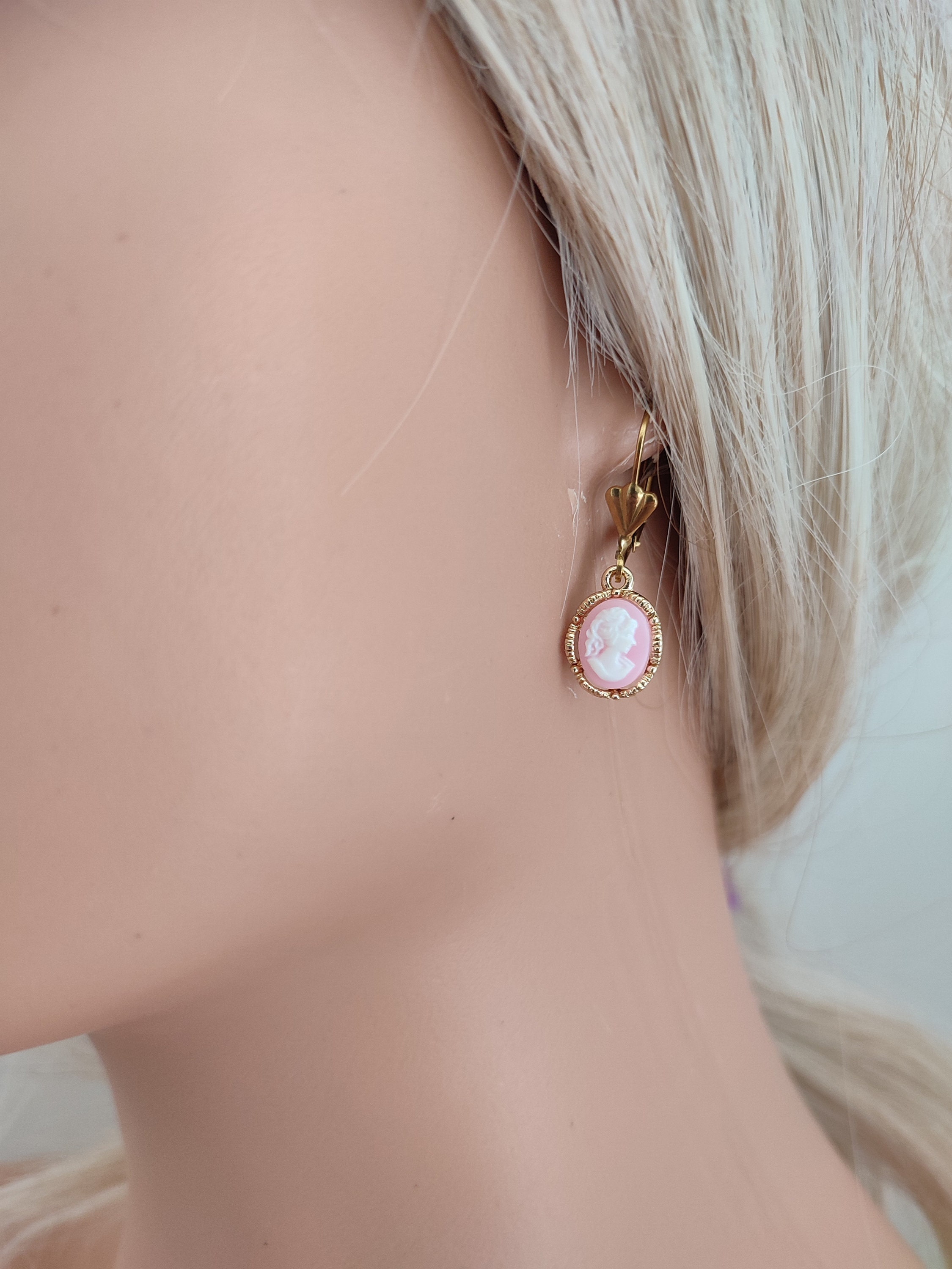 Cameo Earrings/ Golden Stainless Steel Sleeper Earrings/ Fancy Pink or