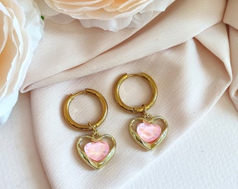 Earrings *Aurore*/ golden stainless steel hoops/ iridescent pink heart pendant/princess style/retro/romantic/gift for her