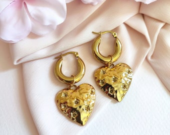 *INES* earrings / thick gold stainless steel hoop earrings/golden stainless steel heart pendant/stars/romantic jewelry