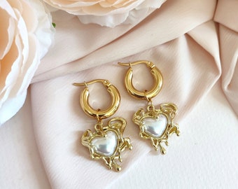 *SIXTINE* earrings/thick golden stainless steel hoop earrings/golden and white heart pendant/baroque/retro/original style