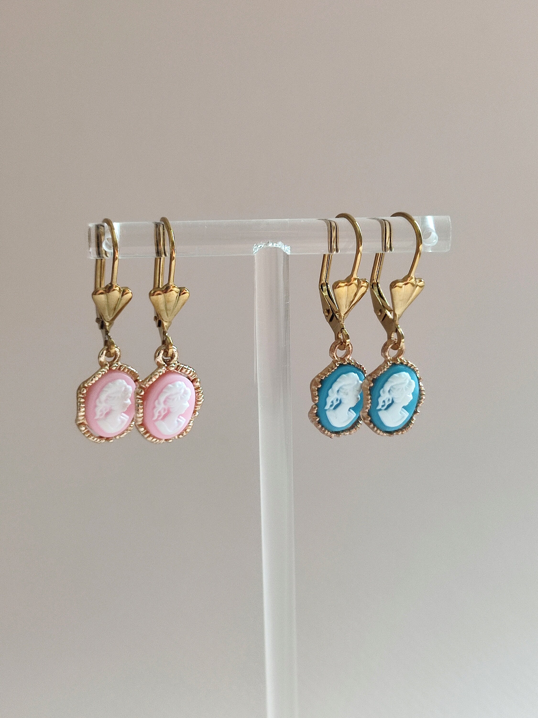 Cameo Earrings/ Golden Stainless Steel Sleeper Earrings/ Fancy Pink or