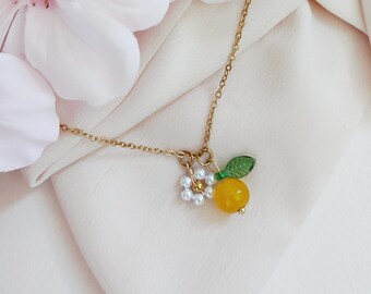 Judy necklace/ fine gold stainless steel chain/ orange lemon fruit pendant with glass pearl/ white flower with pearly pearl/ trendy summer jewelry