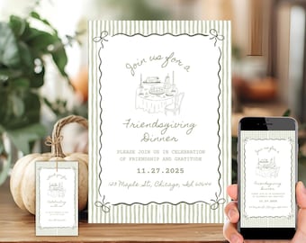 Invitación para cena de Acción de Gracias con amigos, plantillas editables de Canva, etiquetas de agradecimiento gratuitas (descarga instantánea)