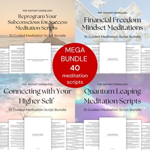 Könnte beinhalten: Ein digitales Download-Paket mit Meditationsskripten. Das Bild zeigt vier Skriptsätze mit Titeln wie "Reprogrammieren Sie Ihr Unterbewusstsein" und "Financial Freedom Mindset". Ein roter Kreis in der Mitte lautet "MEGA BUNDLE 40 Meditationsskripte."