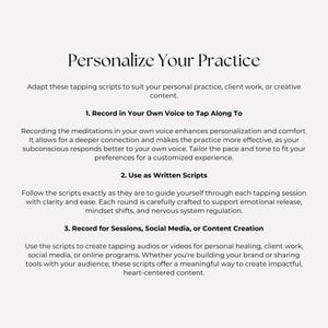 K&ouml;nnte beinhalten: Cremefarbene Grafik mit dem Titel &bdquo;Personalize Your Practice&ldquo;. Der Text beschreibt, wie man Klopfskripte f&uuml;r die pers&ouml;nliche Praxis, die Arbeit mit Klienten oder kreative Inhalte verwendet. Enth&auml;lt Anweisungen zum Aufnehmen mit der eigenen Stimme.