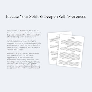 以下が含まれることがあります： 「Elevate Your Spirit & Deepen Self-Awareness」というタイトルの瞑想ガイドブックのページ。テキストは瞑想の利点と、内なる自分とつながるのに役立つ方法について説明しています。