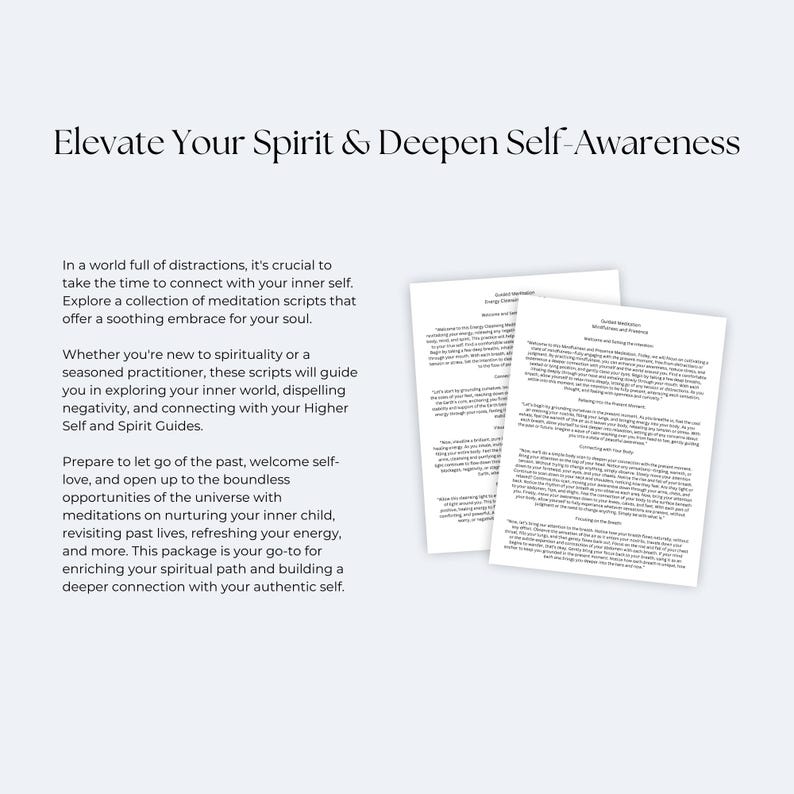 以下が含まれることがあります： 「Elevate Your Spirit & Deepen Self-Awareness」というタイトルの瞑想ガイドブックのページ。テキストは瞑想の利点と、内なる自分とつながるのに役立つ方法について説明しています。