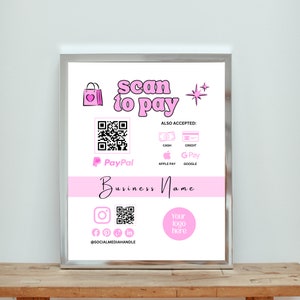 Kod QR Znak Edytowalny Skanuj, aby zapłacić Drukowany Znak Płatności Szablon Canva Paypal Venmo Square Cashapp Znak Dostosowywalny dla Małych Firm