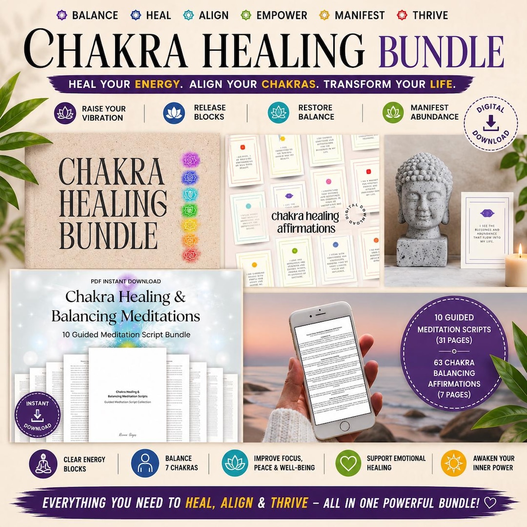 Chakra Healing Bundle, Guided Meditations, Affirmation Cards (digital ...