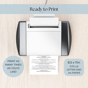 K&ouml;nnte beinhalten: Ein wei&szlig;er und schwarzer Drucker mit einem ausgedruckten Dokument. Der Text auf dem Bild lautet "Ready to Print", "Print as many times as you'd like!" und "8.5 x 11in Fits US Letter and A4 paper".
