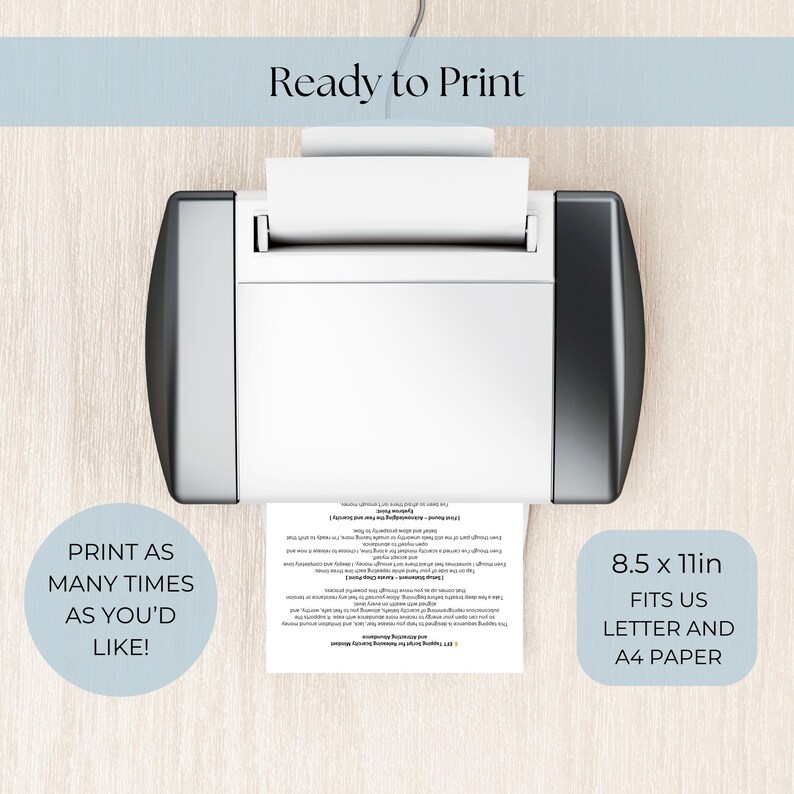 K&ouml;nnte beinhalten: Ein wei&szlig;er und schwarzer Drucker mit einem ausgedruckten Dokument. Der Text auf dem Bild lautet "Ready to Print", "Print as many times as you'd like!" und "8.5 x 11in Fits US Letter and A4 paper".