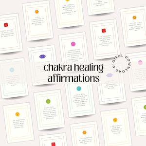 Juego de cartas de chakras, cartas de afirmación para la curación de chakras, baraja de cartas de afirmación positiva, tablero de visión, tarjetas imprimibles para la ley de atracción en formato PDF
