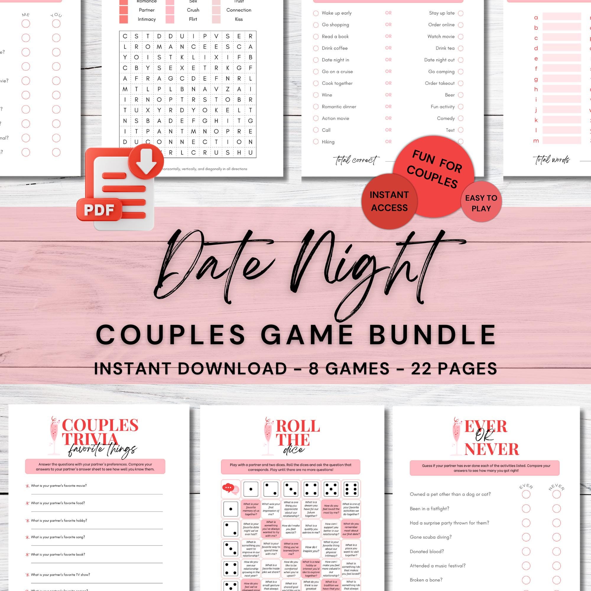 Couple Games Printable Date Night Games Bundle, Fun Date Night Activities, Experience Gift, Marriage Anniversary Games, Couples Night Games