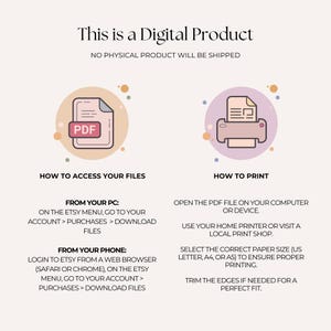 K&ouml;nnte beinhalten: Eine informative Grafik mit dem Text "This is a Digital Product" und Anweisungen zum Zugriff auf und Drucken von PDF-Dateien. Die Grafik enth&auml;lt Illustrationen eines PDF-Dokuments und eines Druckers.