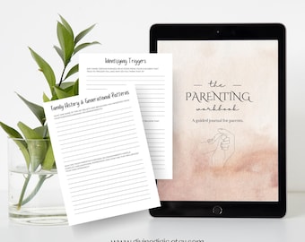 May include: A digital parenting workbook displayed on a tablet, with two worksheets and a glass vase with green leaves. The tablet screen shows the title "the PARENTING workbook" and the text "A guided journal for parents."