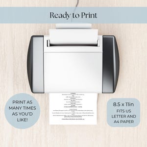Pu&ograve; includere: Una stampante bianca e nera che stampa un documento. L'immagine include il testo "Ready to Print", "Print as many times as you'd like!" e "8.5 x 11in Fits US Letter and A4 Paper". La stampante &egrave; adatta per carta A4.