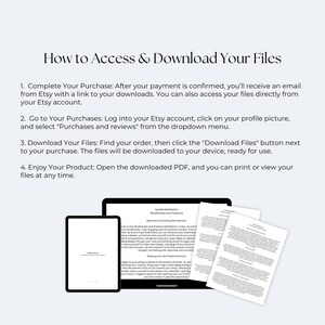 After purchasing on Etsy, go to your account and click on "You" in the top right corner, then select "Purchases and Reviews." Find your order and click the "Download Files" button next to it. The PDF file will open, allowing you to save it to your device or print it. You can then begin using the digital product right away!