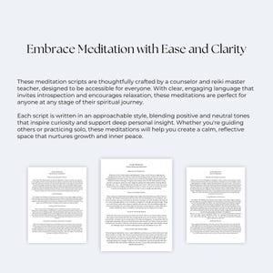 以下が含まれることがあります： 「Embrace Meditation with Ease and Clarity」というタイトルの瞑想スクリプトが3ページあります。テキストは、スクリプトがカウンセラーとレイキマスターティーチャーによって入念に作成され、すべての人がアクセスできるように設計されていると説明しています。スクリプトは、好奇心を刺激し、深い個人的な洞察をサポートする、ポジティブとニュートラルなトーンをブレンドした、親しみやすいスタイルで書かれています。