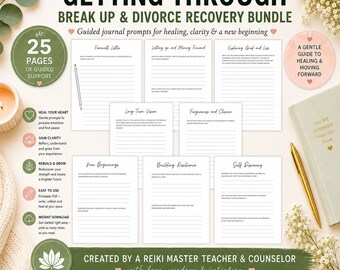 May include: A printable journal bundle for break up and divorce recovery, featuring prompts for healing and clarity. The bundle includes 25 pages of guided support, with the text "Getting Through Break Up & Divorce Recovery Bundle". The pages are 21.6 x 27.9 cm.
