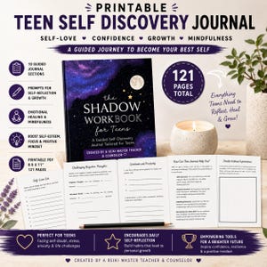 May include: A printable Teen Self Discovery Journal with 121 pages. The journal includes sections on self-love, confidence, growth, and mindfulness. It features prompts for self-reflection, emotional healing, and boosting self-esteem. The journal is 8.5 x 11 inches.