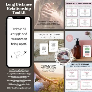 Puede incluir: Un kit de herramientas para relaciones a distancia, con un gráfico de teléfono con texto, afirmaciones, ideas para citas nocturnas y tarjetas de autocuidado. Incluye un guión de tapping EFT y un guión de meditación. La imagen tiene una paleta de colores neutros.