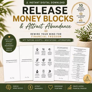 Puede incluir: Descarga digital con el texto "Release Money Blocks & Attract Abundance". Incluye 10 guiones de meditación guiada, 10 guiones de tapping EFT y 45 afirmaciones. El diseño presenta tarjetas blancas y una combinación de colores verde y dorado.