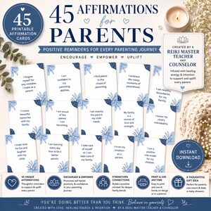 May include: A set of 45 printable affirmation cards for parents, featuring positive reminders. The cards have a white background with blue floral accents and text. The image includes text that says "Instant Download" and "A Thoughtful Gift Idea".
