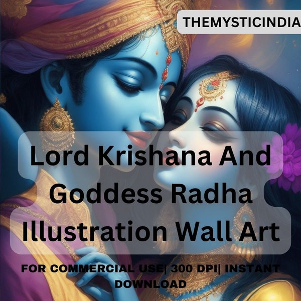 Lord Krishna & Radha Rani Wall Art, 300 DPI, Krishna Digital Art, Digital Instant Download, Hinduism,Indian God, Divine Krishna,Mystical Art