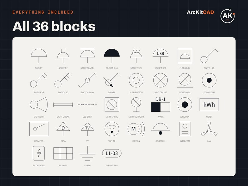 Autocad Electrical Symbols | 36 Blocks | Sockets, Switches, Lighting ...