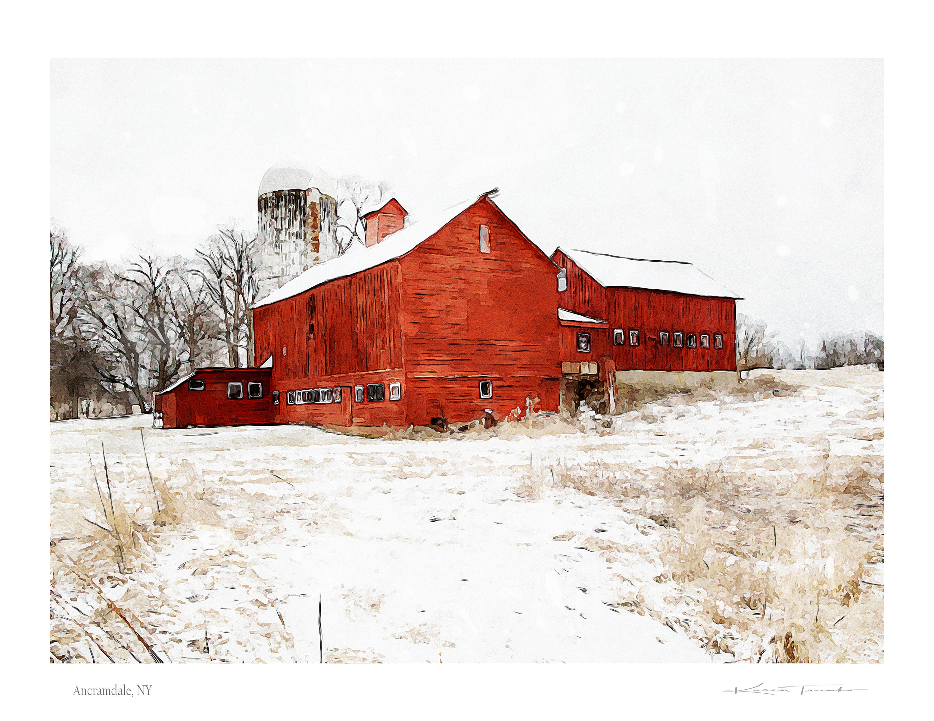 Red Barn in Snow Watercolor and Photography Art Print Digital Download ...