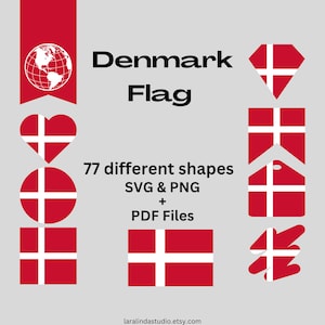 May include: A digital download of 77 different shapes of the Danish flag in red and white. The shapes include a heart, a circle, a diamond, a square, a tag, and an arrow. The text "Denmark Flag" and "SVG & PNG + PDF Files" is also included in the image.