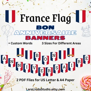 France Flag Birthday Printable Bon Anniversaire Decor Banner in 3 Different Sizes in French With Custom Words
