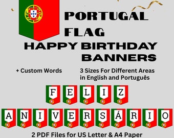 Happy Birthday Banner Portugal Flag Themed Birthday Decoration Printable Aniversario in 3 Different Sizes in Portuguese in English