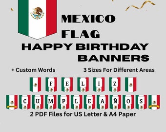 Happy Birthday Banner Mexico Flag Themed Digital Birthday Decoration Printable Feliz Cumpleaños in 3 Different Letter Sizes