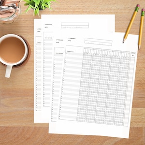 May include: A black and white attendance sheet with columns for name, surname, and daily attendance. The sheet has a total of 35 rows and 7 columns.
